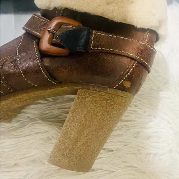 Women’s Manas Brown Leather Fleece Lined Fur Cuff Ankle Boots Studs Block Heel - Picture 8 of 11